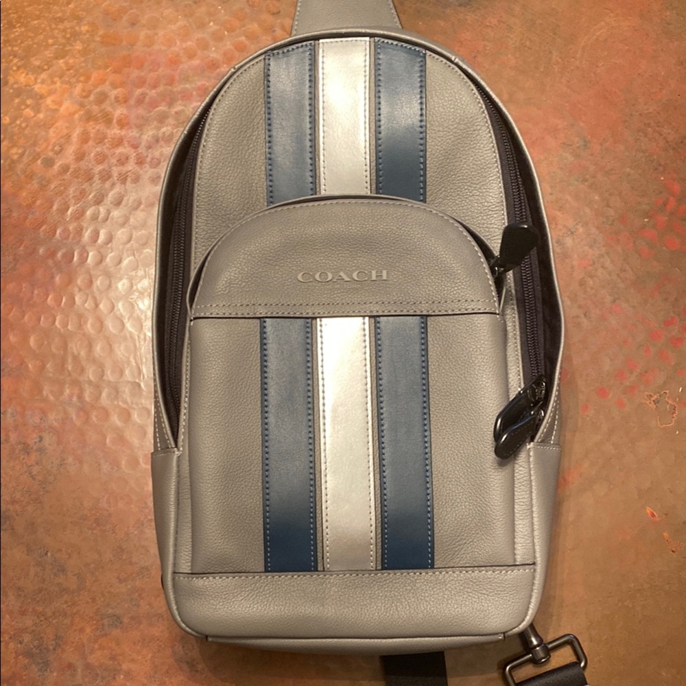 Coach Gray and Blue Belt Bag with Sporty Stripes